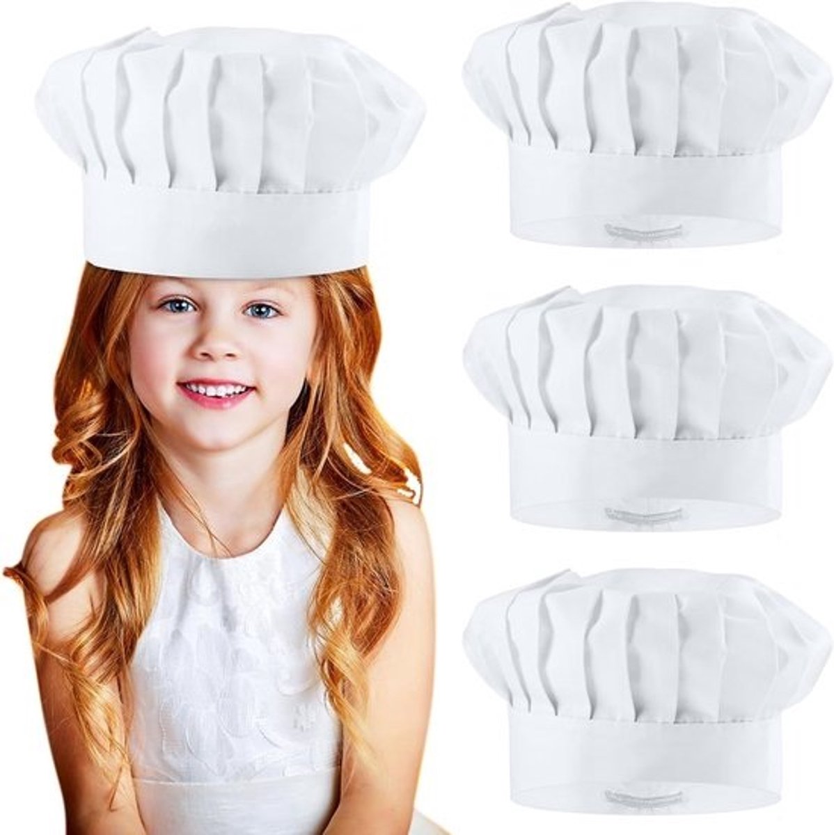Koksmutsen Kinderen - Koks muts - Koken en Bakken - Elastisch Katoen - 3 stuks - Wit