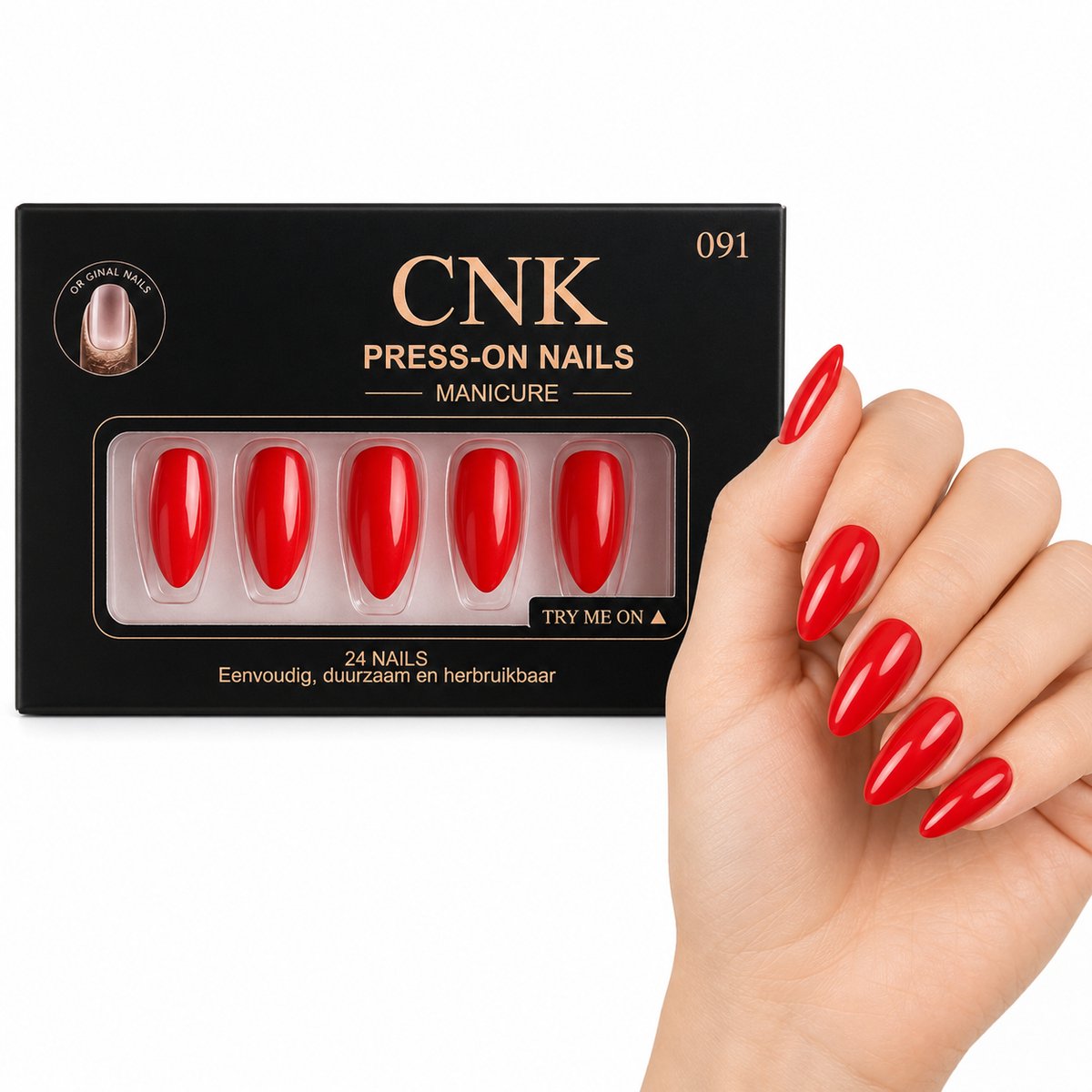 CNK 091 Press On Nails – Lange Amandelvormige Plaknagels – Glanzend Helderrood – 24 Kunstnagels met Nagellijm en Zelfklevende Plakstickers
