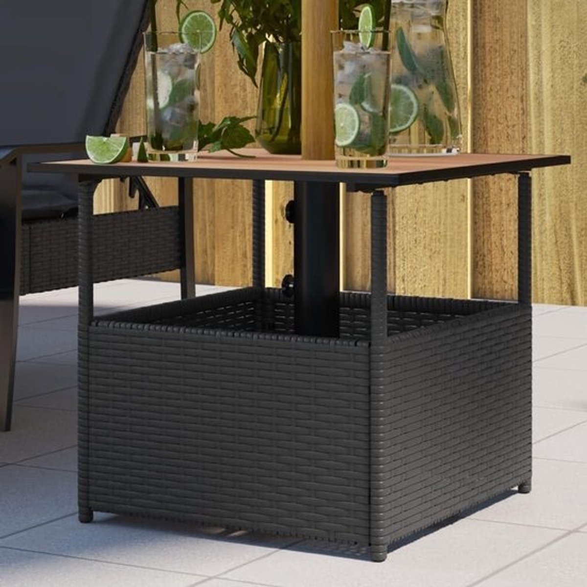 Tuintafel met parasolgat - Balkontafel Terrastafel - Buiten Ontspannen - UV-bestendig PE-rotan - 55 x 55 x 465 cm - Zwart