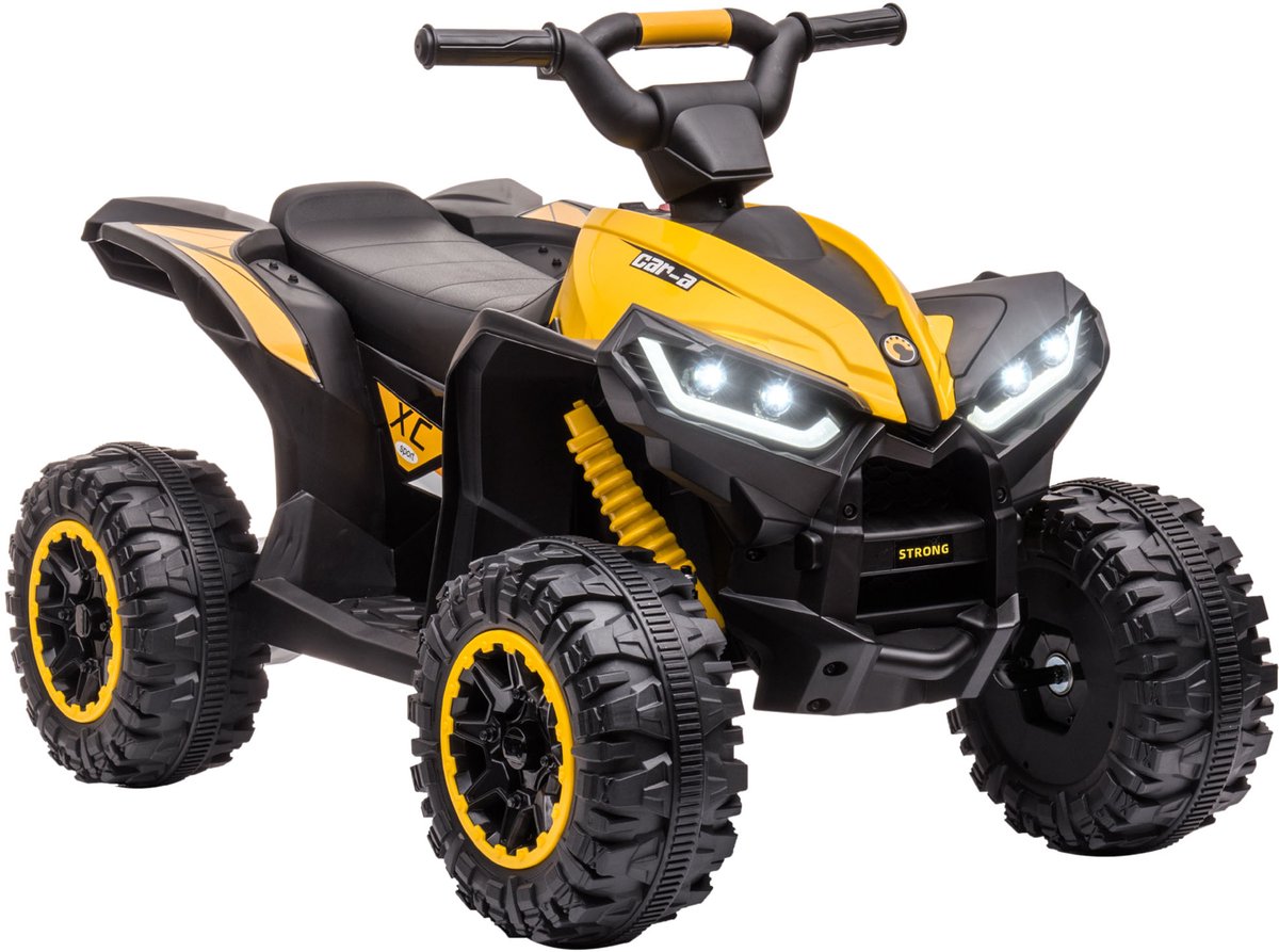 Elektrische kinderquad, 12 V, met 2 snelheden, Twee motoren, twee snelheden: 3-6 km/u, elektrische quad met claxon, muziek en led-koplampen, kinderauto voor kinderen van 3 tot 5 jaar, ergonomische handgrepen en stoelen, geel