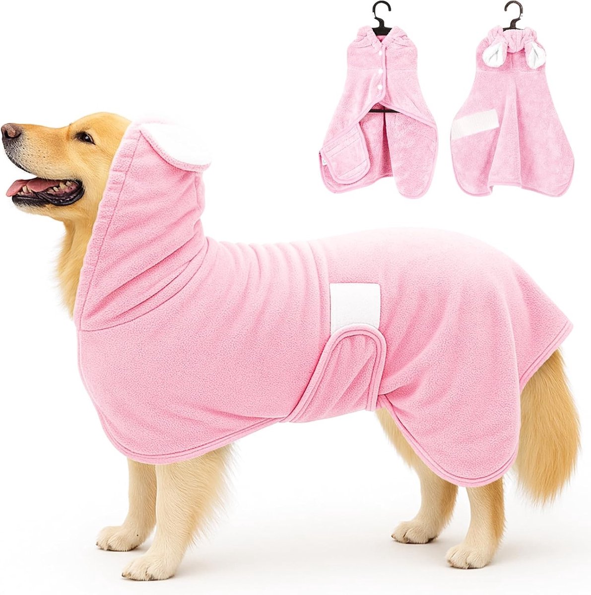 Honden- en kattenbadjas met capuchon, super absorberende microvezel droogjas met verstelbare kraag en buikband, ideaal voor huisdieren, roze, XL