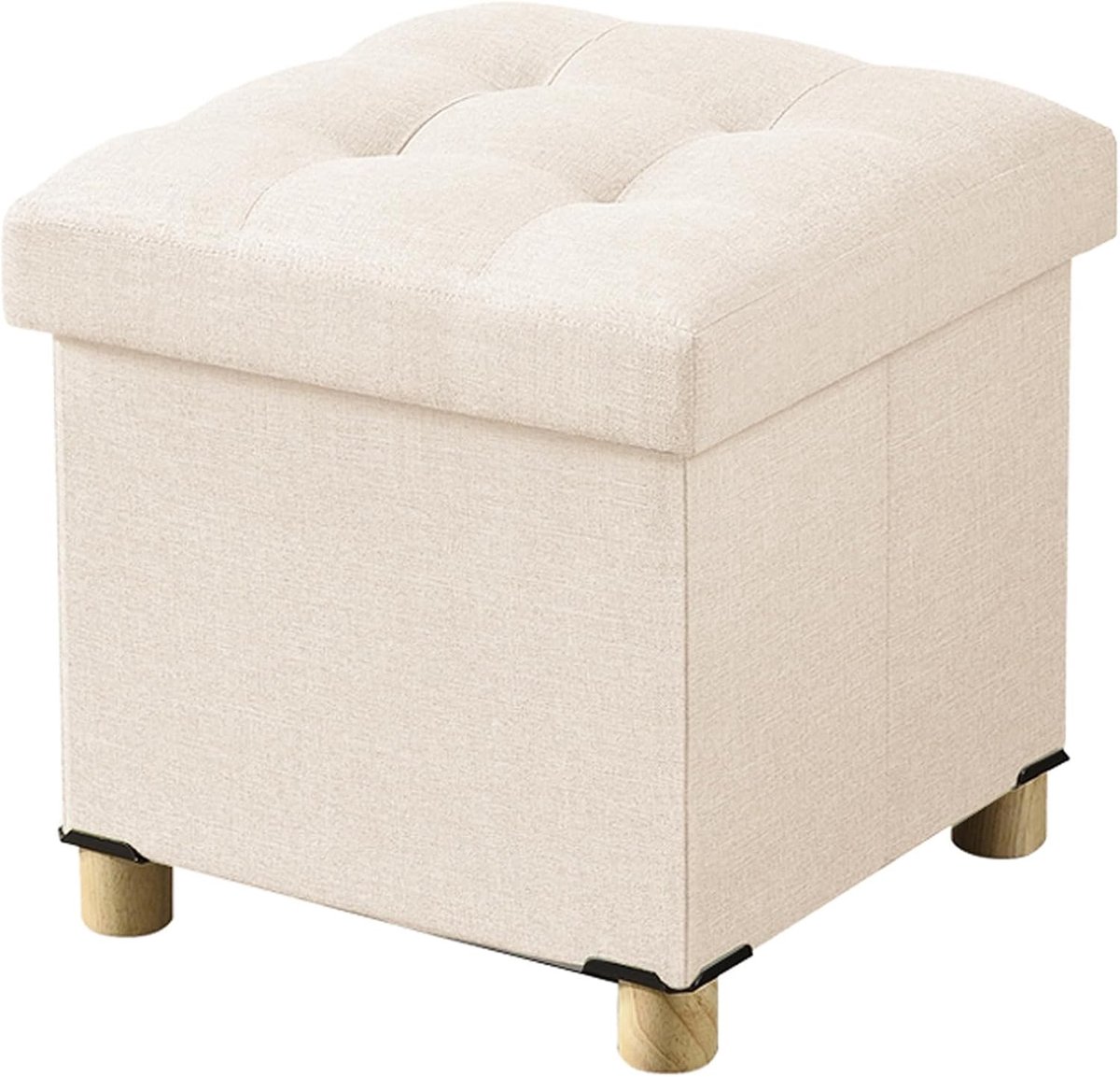 Opvouwbare Opbergpoef met Houten Poten, Linnen Voetenbank en Opbergbak, Khaki, 38 x 38 x 38 cm - Comfortabel en Ruimtebesparend Meubel voor Woonkamer en Slaapkamer