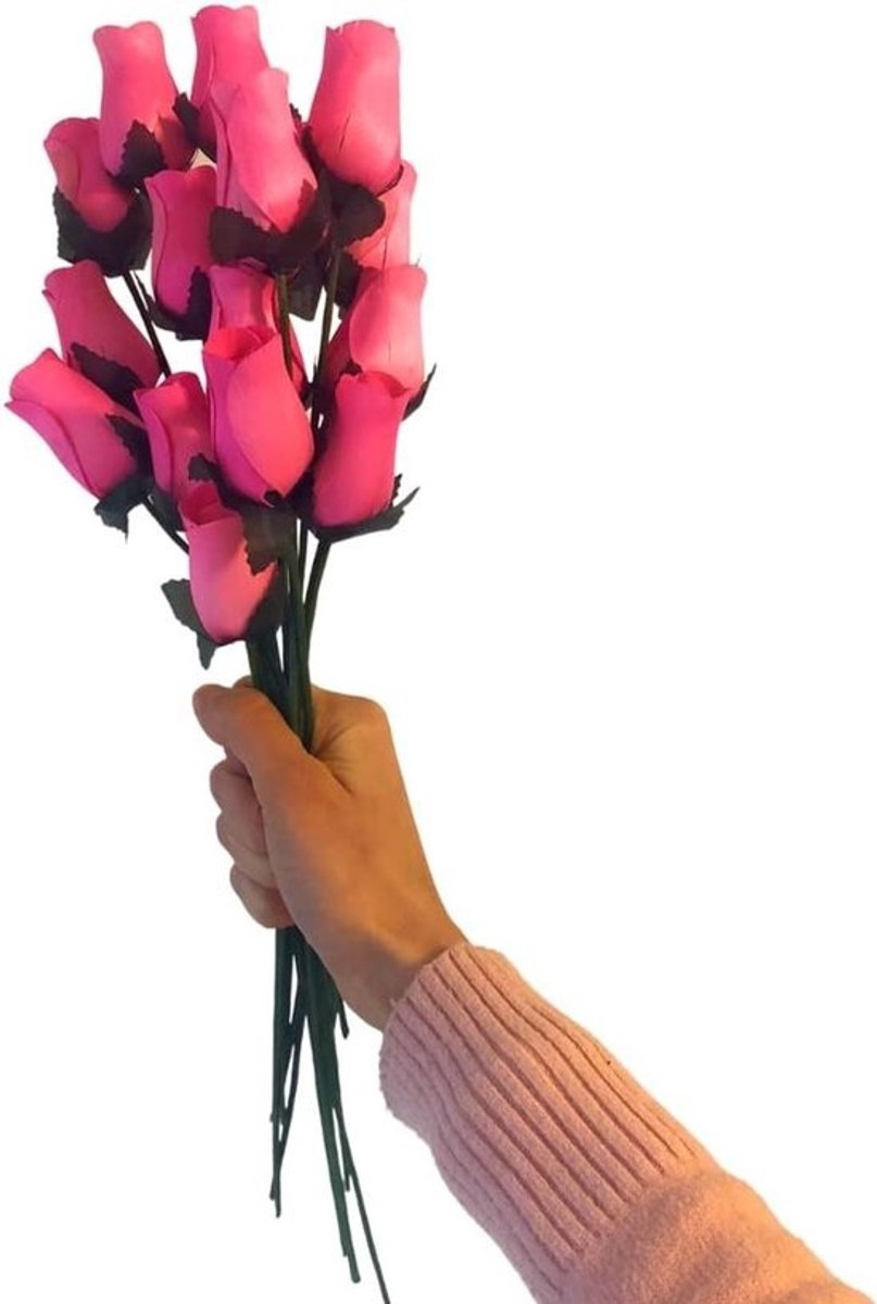 Houten Bloemen Boeket - Houten Rozen - Cadeau Geven - Handbeschilderde Bladeren - 16 stuks - Zalm