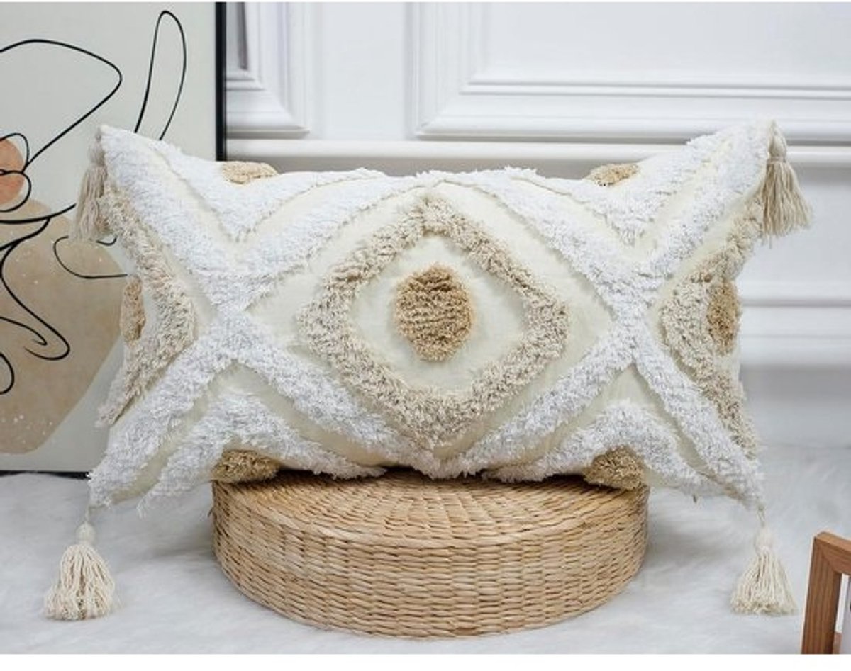 Lange Lendenkussensloop - Decoratieve Kussenhoes - Bank Decoratie - Getuft Katoen en Linnen - 35 x 55 cm