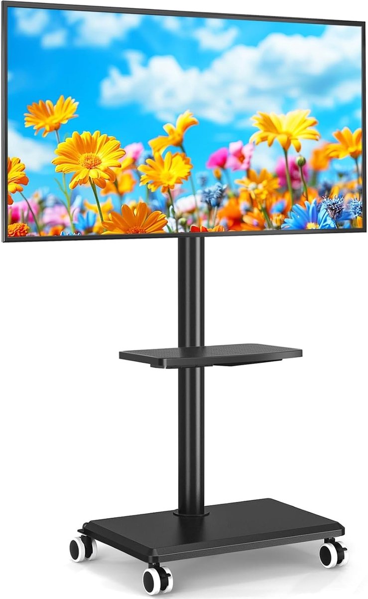 Verstelbare TV Stand met Houten Plank, Rollend en Draaibaar voor 27-60 Inch TV tot 40kg, Max VESA 400x400mm