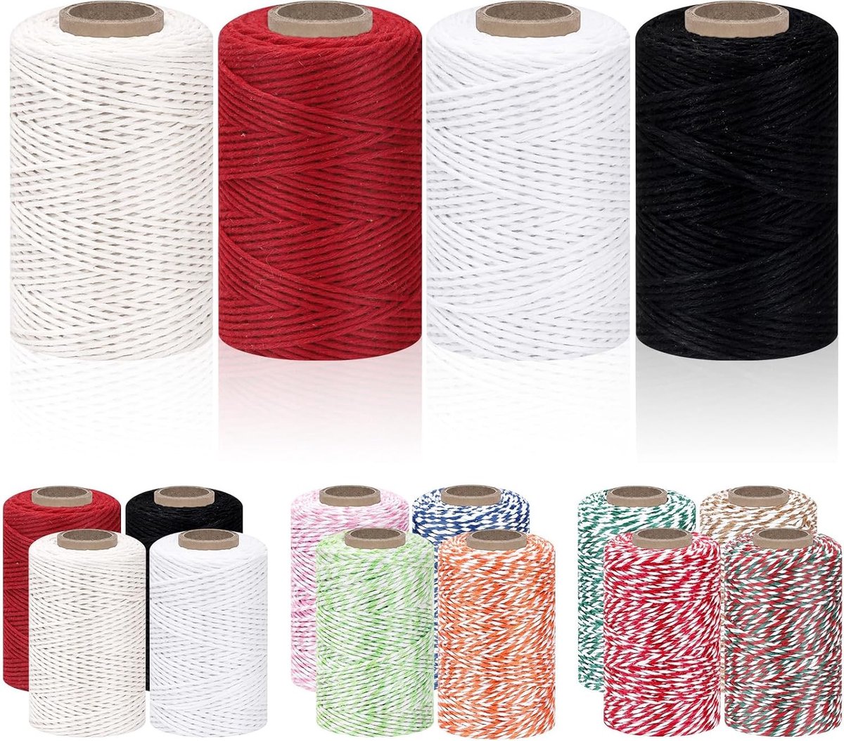 Kleurrijke bakkers touw set van 4 rollen, 328 ft 1,5 mm dik katoenen koord voor ambachten, geschenkverpakking en decoratie
