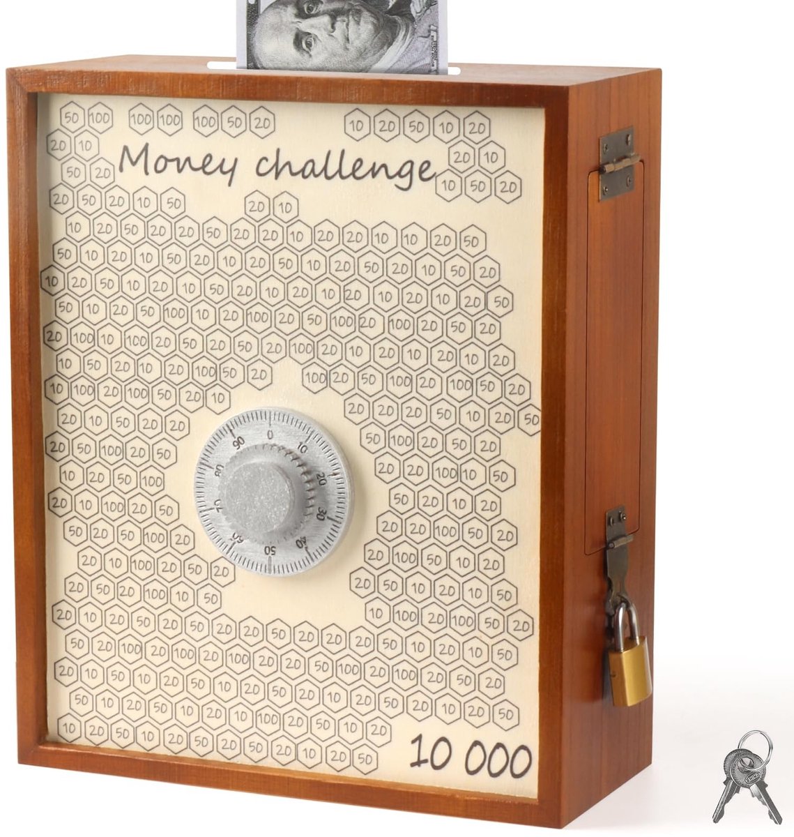 Houten Spaarpot met Slot - 10.000 Dollar Uitdaging - Bruin