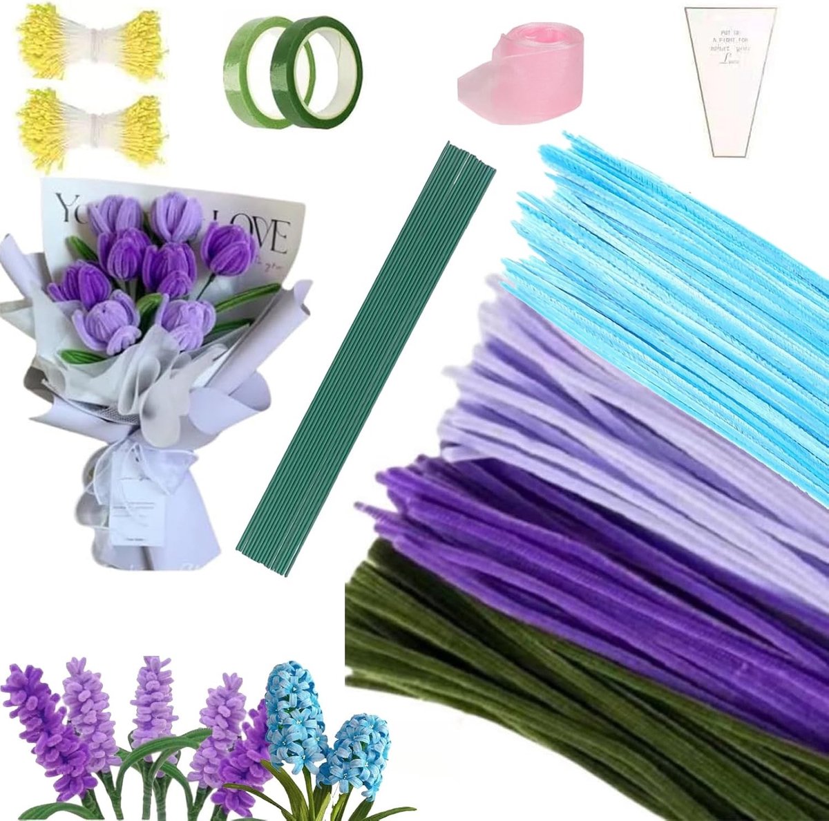 400 Stuks Rager voor Creatieve Projecten, Meerkleurige Rager, Bloemset met Draad en Stof, DIY Decoraties en Bloemenboeketten
