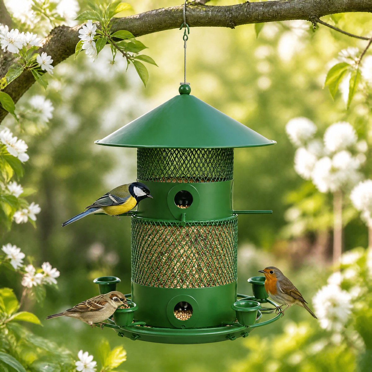 Metalen Vogelvoederhuisje voor Buiten - Voedersilo voor Tuinvogels - Hangende Vogelvoerhouder - 2-laags Vogelvoerhouder voor Tuin en Balkon - Uitschuifbaar Vogelvoerhuisje - IJzer - Groen