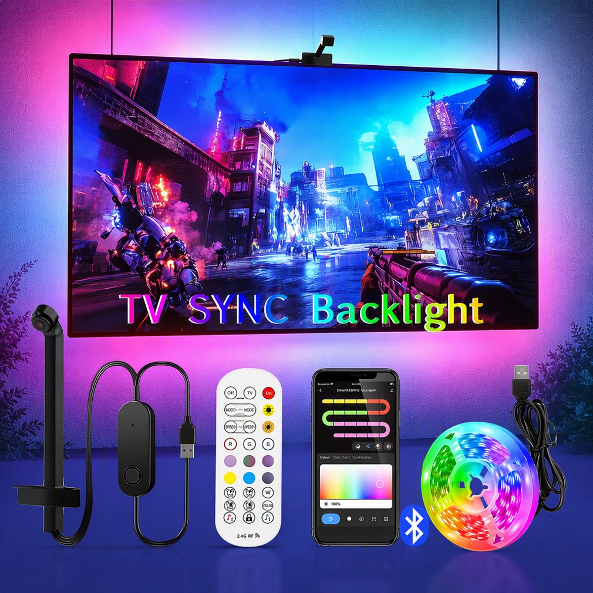 ECTEATOY® TV Backlight 5M – voor 65-85 inch TV – RGB-IC LED Strip met Camera – App & Afstandsbediening – Realtime Scherm- & Muzieksynchronisatie
