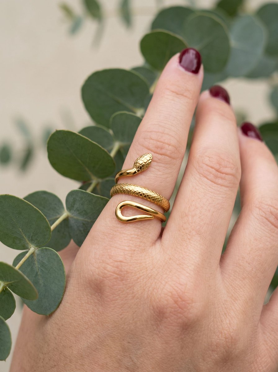 Anelplus Slangenring Dames – Goudkleurig – RVS – Verstelbare Statement Ring – Trendy Sieraad