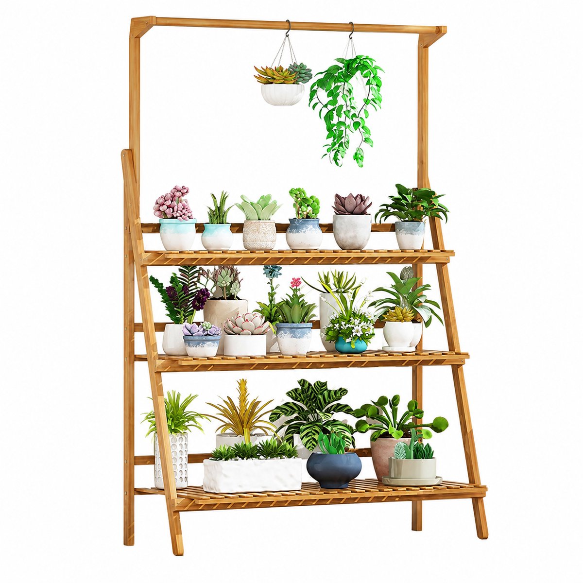 Nyoz opvouwbare bamboe plantenstandaard - Plantenrek - Plantenladder - 3 niveaus - 140 cm hoog - 70 cm breed - Binnen en buiten
