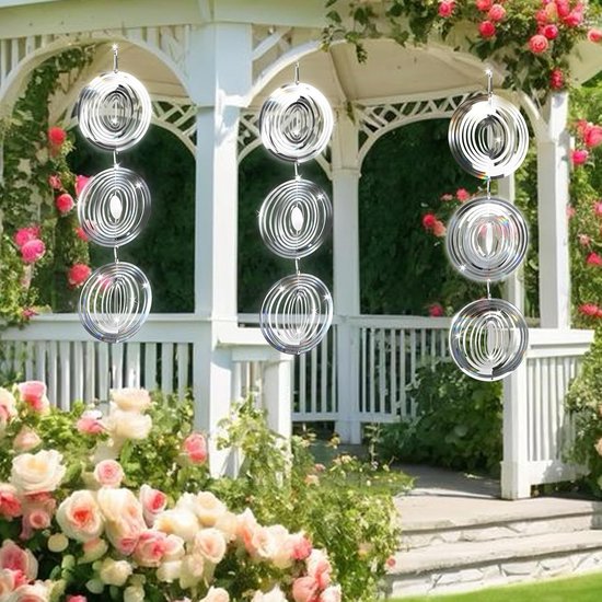 Reflecterende Vogelafschrikker Windspinner Set van 3, Draaiende 3D Tuindecoratie voor Balkon en Binnenplaats, Effectieve Vogelbestrijding met Geluid en Beweging — afbeelding 2