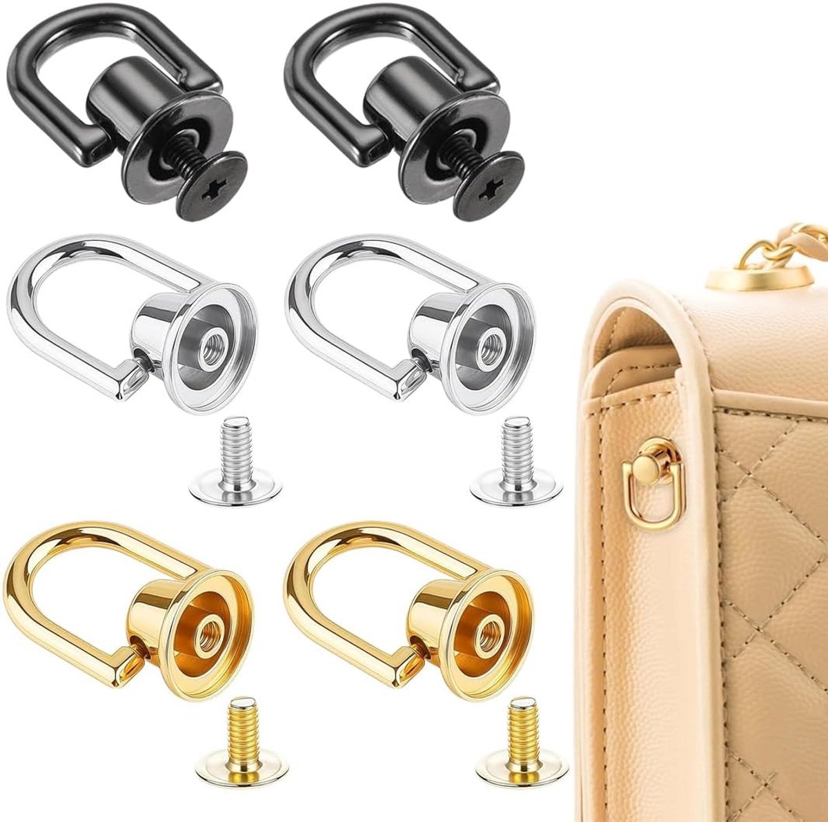 6 x D-Ringen met Schroef, Rotating Metalen D-Ringen, Holle Rivets voor Portemonnees, Handtassen en Riemen met Bevestigingsschroeven