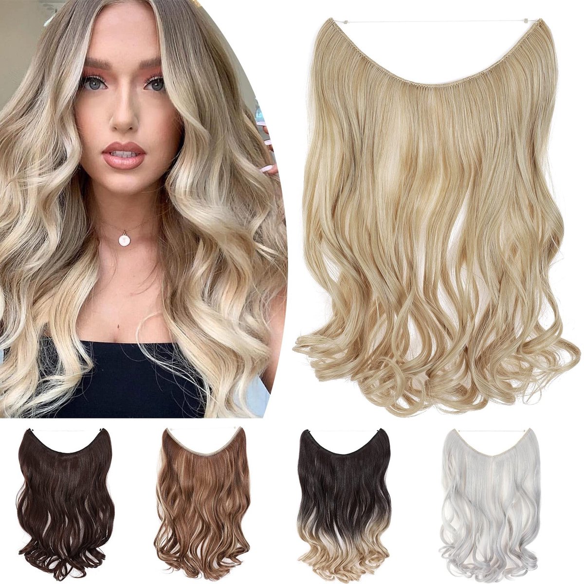 Haarextensions - 50 cm Braid Extension met onzichtbare draad - Golvende asblonde mix