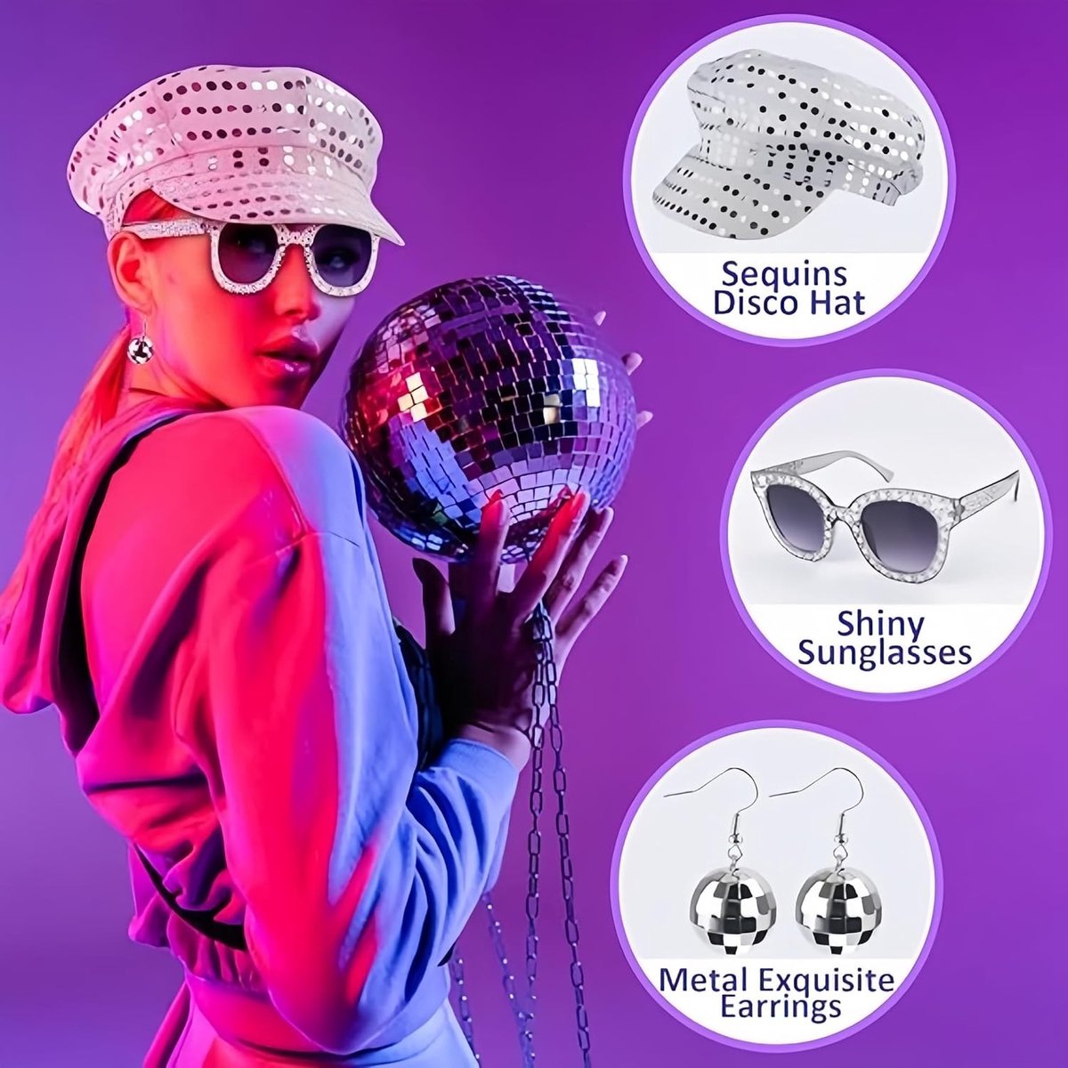 3-delige set met 70s paillettenhoed, bling zonnebril en disco kostuum voor vrouwen, perfect voor themafeesten en verjaardansen