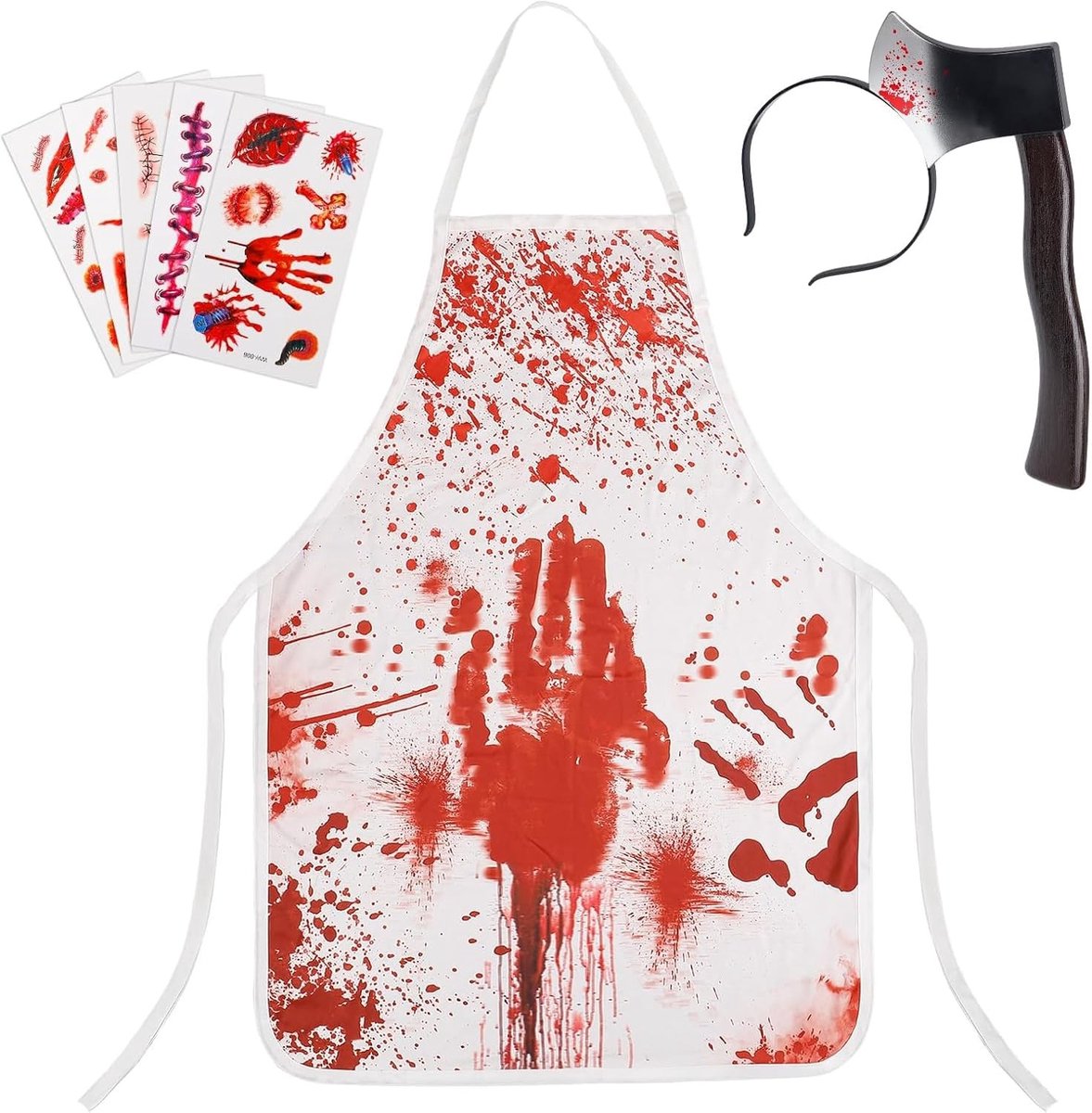 Bloederig Slagerskostuum voor Halloween met Schort, Tijdelijke Tattoos en Haarband voor Horror Rollenspel en Mannen Kostuum Accessoires