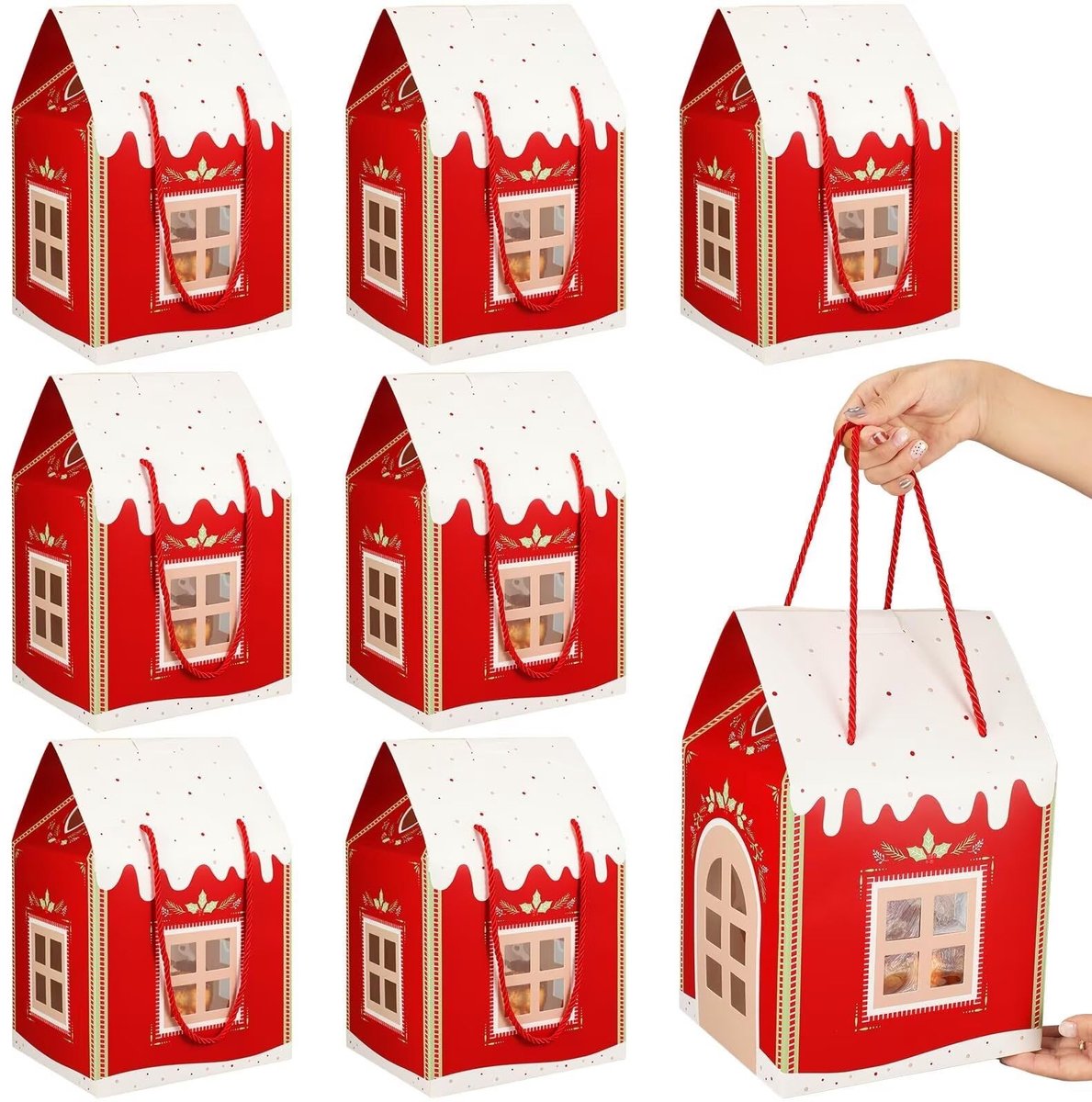 12 grote kerst geschenkdozen in huisvorm - 30x20x18 cm - Rood