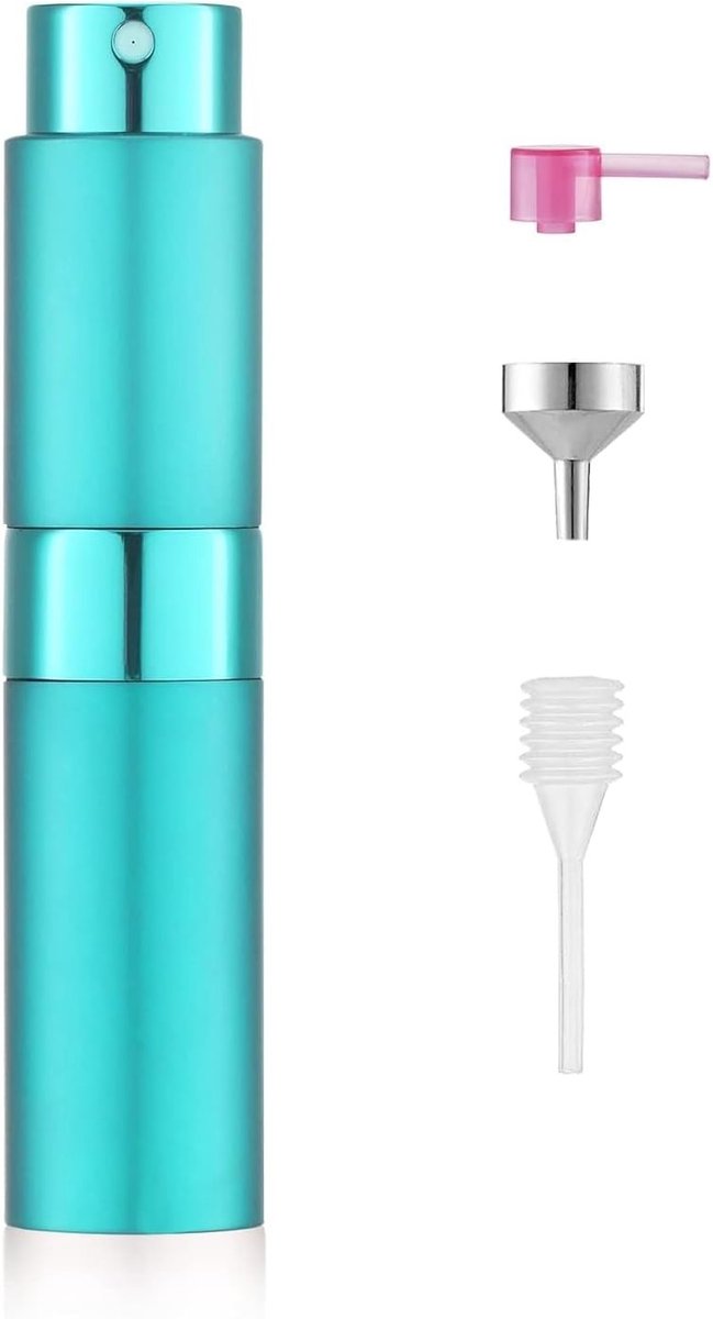 Vulbare Aluminium Parfum Atomiser 10ml voor Reizen - Geschikt voor Mannen en Vrouwen - Ideaal voor Op Reis en Dagelijks Gebruik (Cyan)