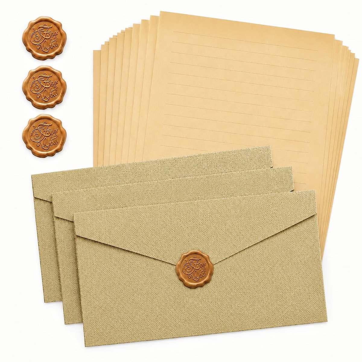 Set van 10 Briefpapier en 3 Getextureerde Enveloppen - Grijsgroen