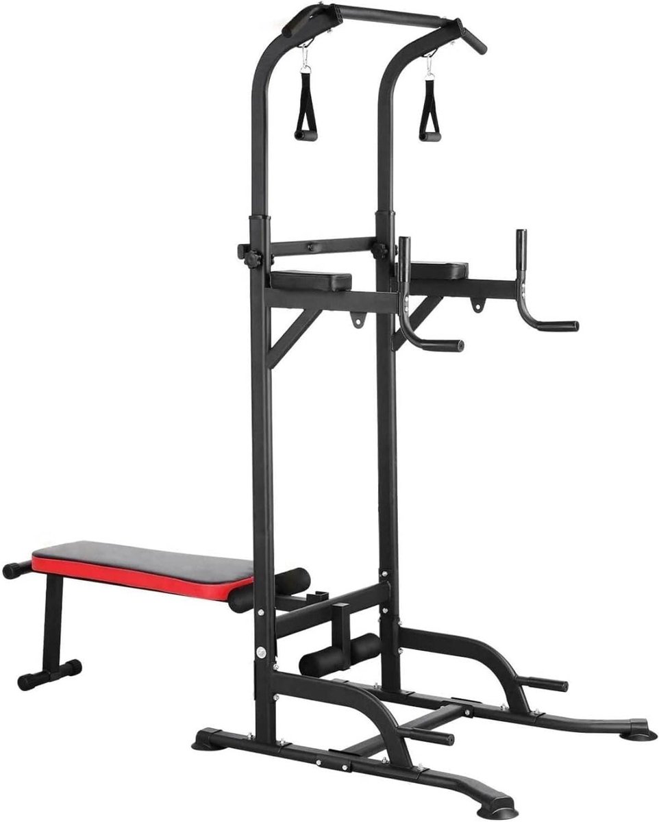 Krachtstation met Bankje - Fitness Toren Dip Station - Thuis Fitness - Inklapbaar Gewicht Bankje - 181-234 cm - Zwart