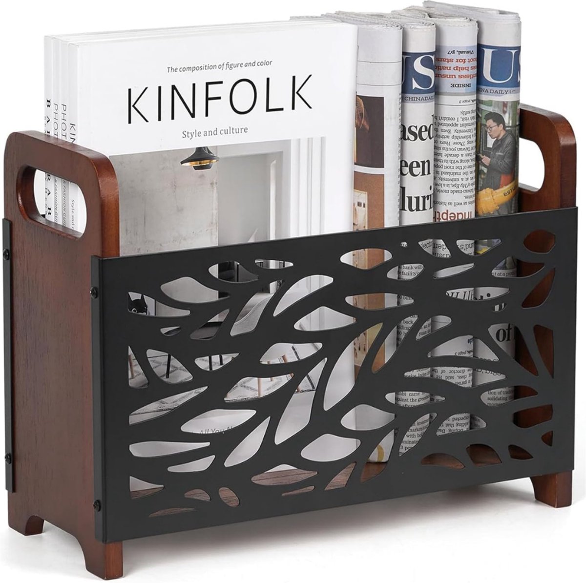 SNJY® Krantenbak - Lectuurbak - Tijdschriftenhouder - Magazinehouder - 13L x 33B x 24H cm - Bruin/Zwart