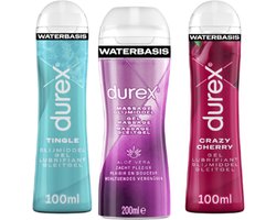 Durex - 3 Glijmiddelen - Waterbasis - Massage Olie en Glijmiddel 2/1 Aloë Vera 200ml - Play Tingle Gel 100ml - Crazy Cherry met Smaak Kers 100ml