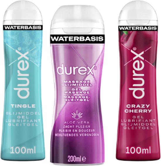 Drie Durex glijmiddel flessen: links een turquoise fles 'Tingle' 100ml, midden een paarse fles 'Massage Aloe Vera' 200ml, rechts een rode fles 'Crazy Cherry' 100ml.