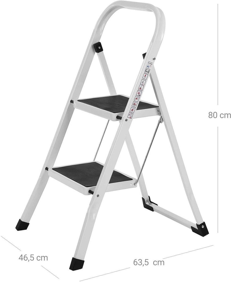 Tweedeedige vouwladder Trapladder 46,5x63,5x80cm zilver Opvouwbaar ontwerp voor eenvoudig opbergen Met antislip voetjes vergrendelingsmechanisme en antisliptreden Lichtgewicht en gemakkelijk te dragen en verplaatsen Geschikt voor thuis en op het werk