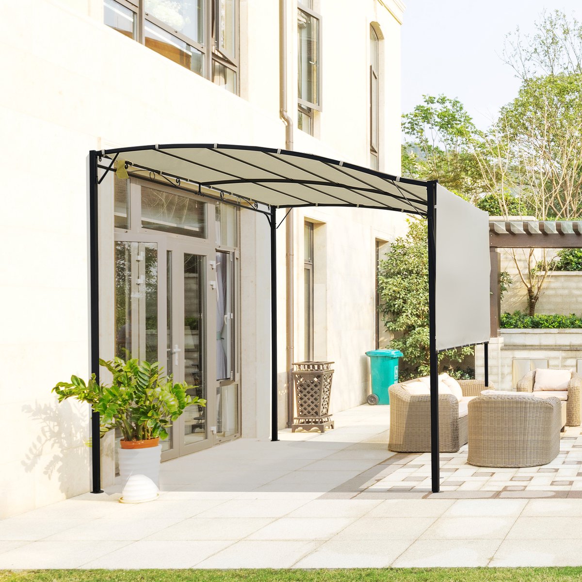 COVREO Pergola 300x250 cm cream white en zwart, staal polyester, wandmontage