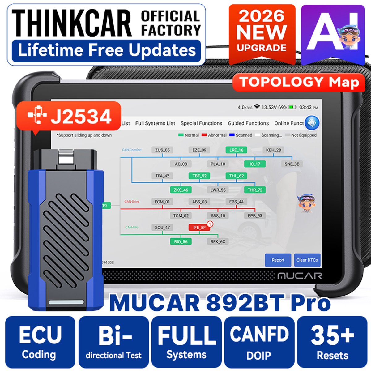 Professionele AI OBD2 Diagnose Tool – 8 inch – J2534 / DOIP / CANFD – ECU Codering – 35+ Resets – Volledig Systeemdiagnose