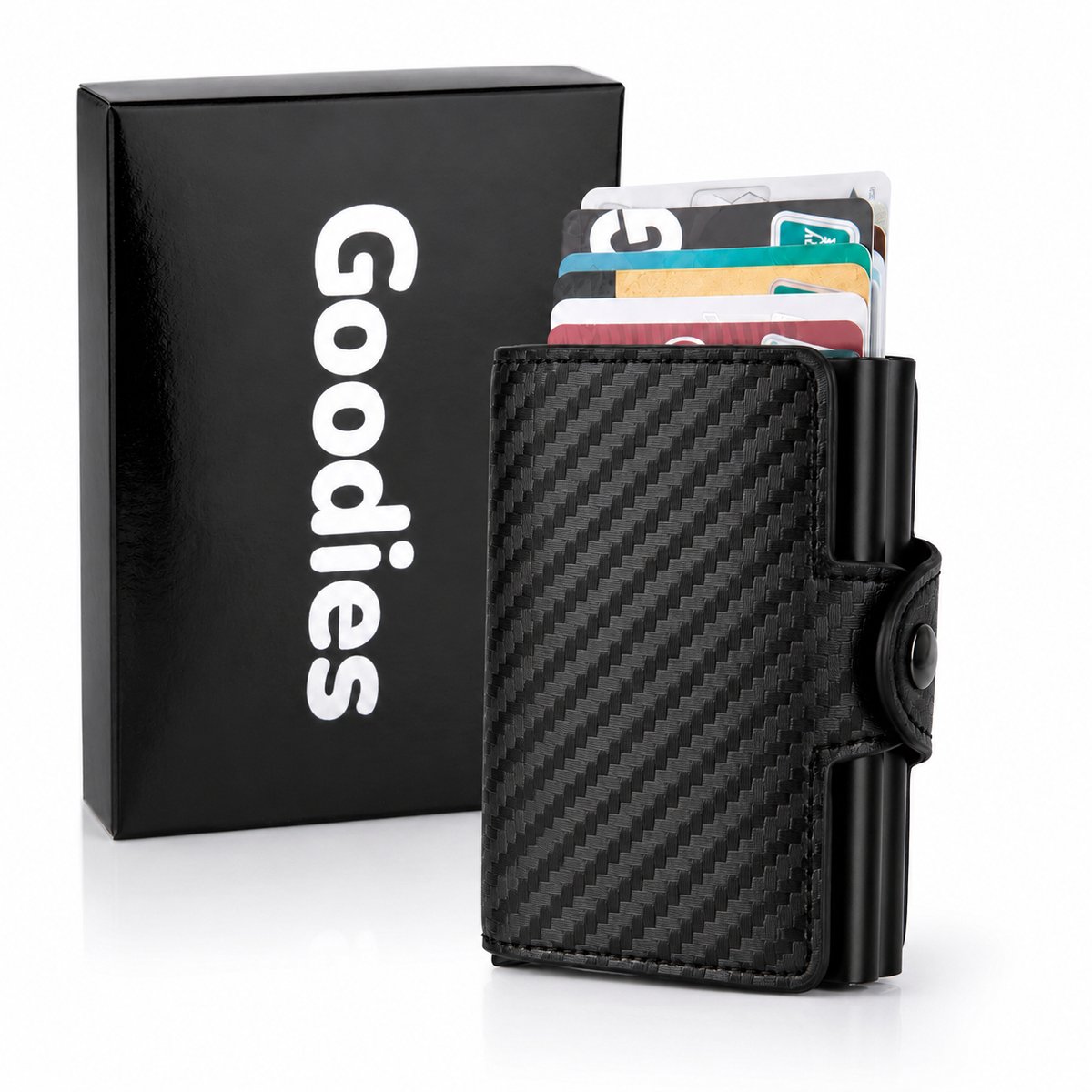 Goodies® Pasjeshouder Uitschuifbaar - RFID Creditcardhouder - 14 Pasjes - Anti-diefstal - Kaarthouder - Zwart Carbon Look - Leer & Aluminium - Incl. Cadeauverpakking
