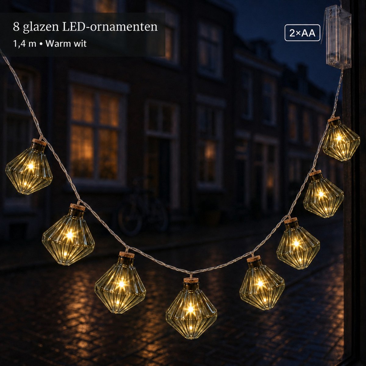 EasyMart Kerstverlichting Diamant Kerstlampjes 1,4 m - Olijfgroen - 8 LED Lampjes Warm Wit - Decoratieve Lichtslinger op Batterijen - Kerstdecoratie voor Binnen en Buiten