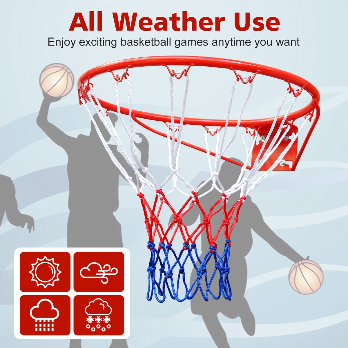 COVREO Basketbalring 45,72 cm rood, carbonstaal met nylon net voor wandmontage