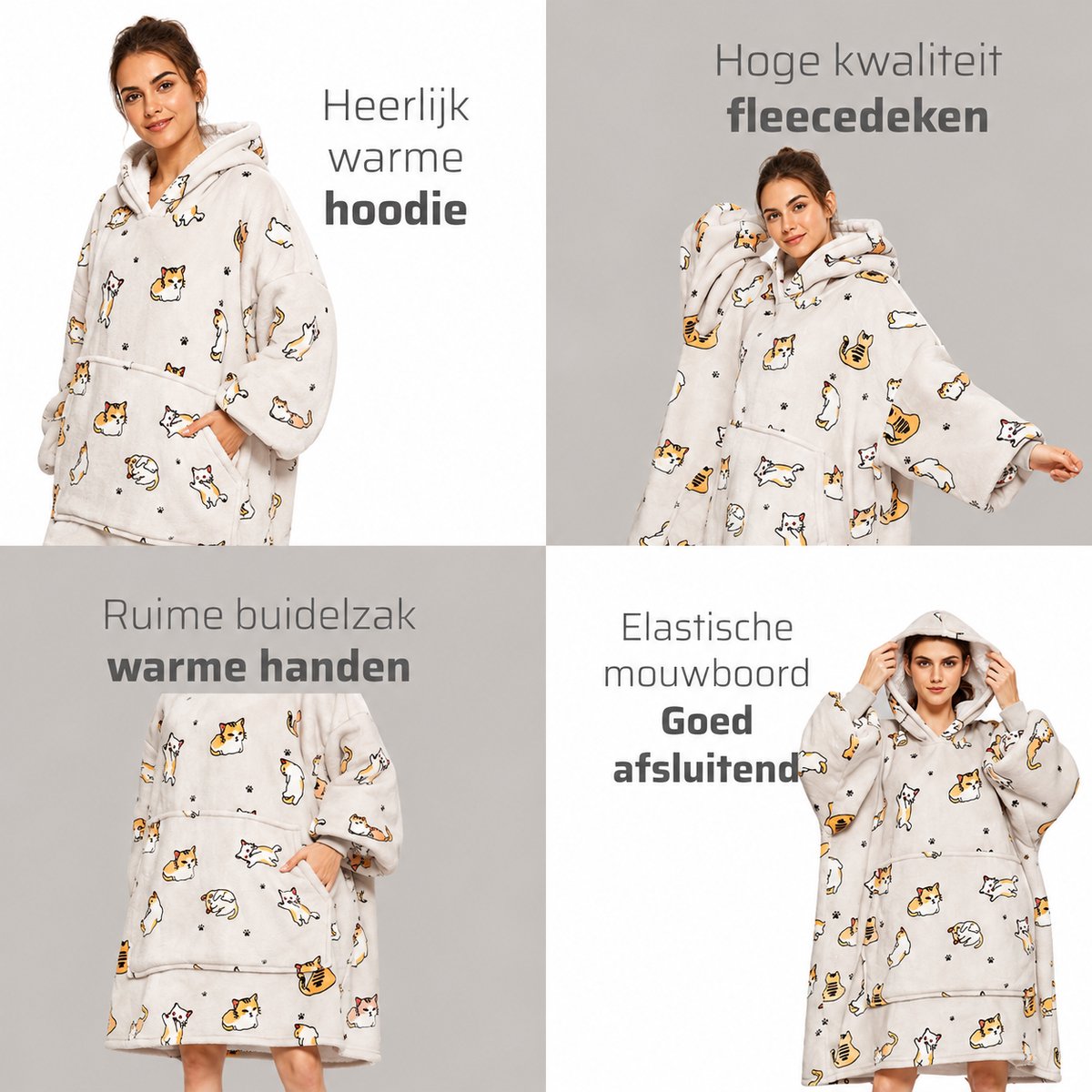 Q-Living Hoodie Deken - Oversized Hoodie - Plaid Met Mouwen - Snuggle Hoodie - Fleece Deken Met Mouwen - 1450 gram - Kat — cadeau in Wonen & Interieur - foto 3
