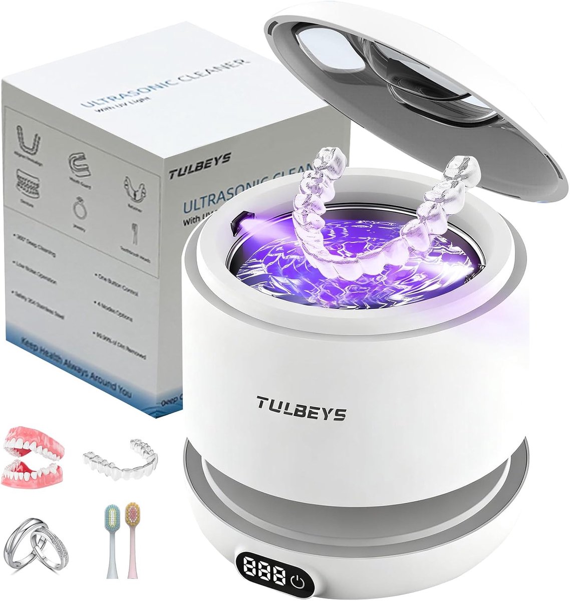 Ultrasoon Reiniger 220 ml – 45 kHz – 2 UV Lampen – 4 Reinigingsstanden – Uitneembare RVS Bak – Wit