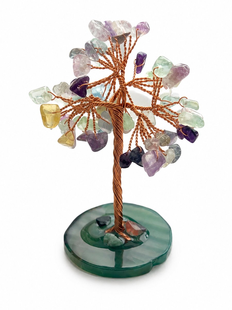 Afecto gemengd Edelsteen Boompje – Edelsteenboom met Natuurstenen – Decoratieve Levensboom – Koperdraad – Groene Stenen Voet –