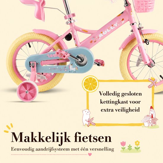 Vankel Kinderfiets voor Meisjes - 12/14/16 inch - Unicorn - 2-7 Jaar - Met Zijwieltjes, Mandje en Poppenzitje - Roze van VANKEL — afbeelding 4