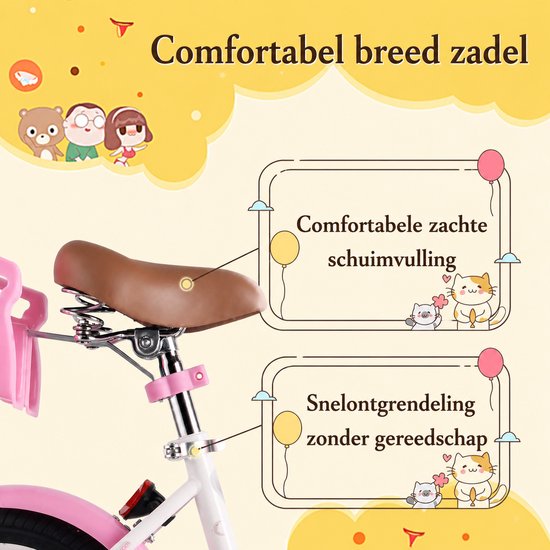Vankel Meisjesfiets - Kinderfiets - 12/14/16 inch - Cadeau voor Meisjes - Met Poppenzitje, Mandje en Zijwieltjes - wit — afbeelding 3