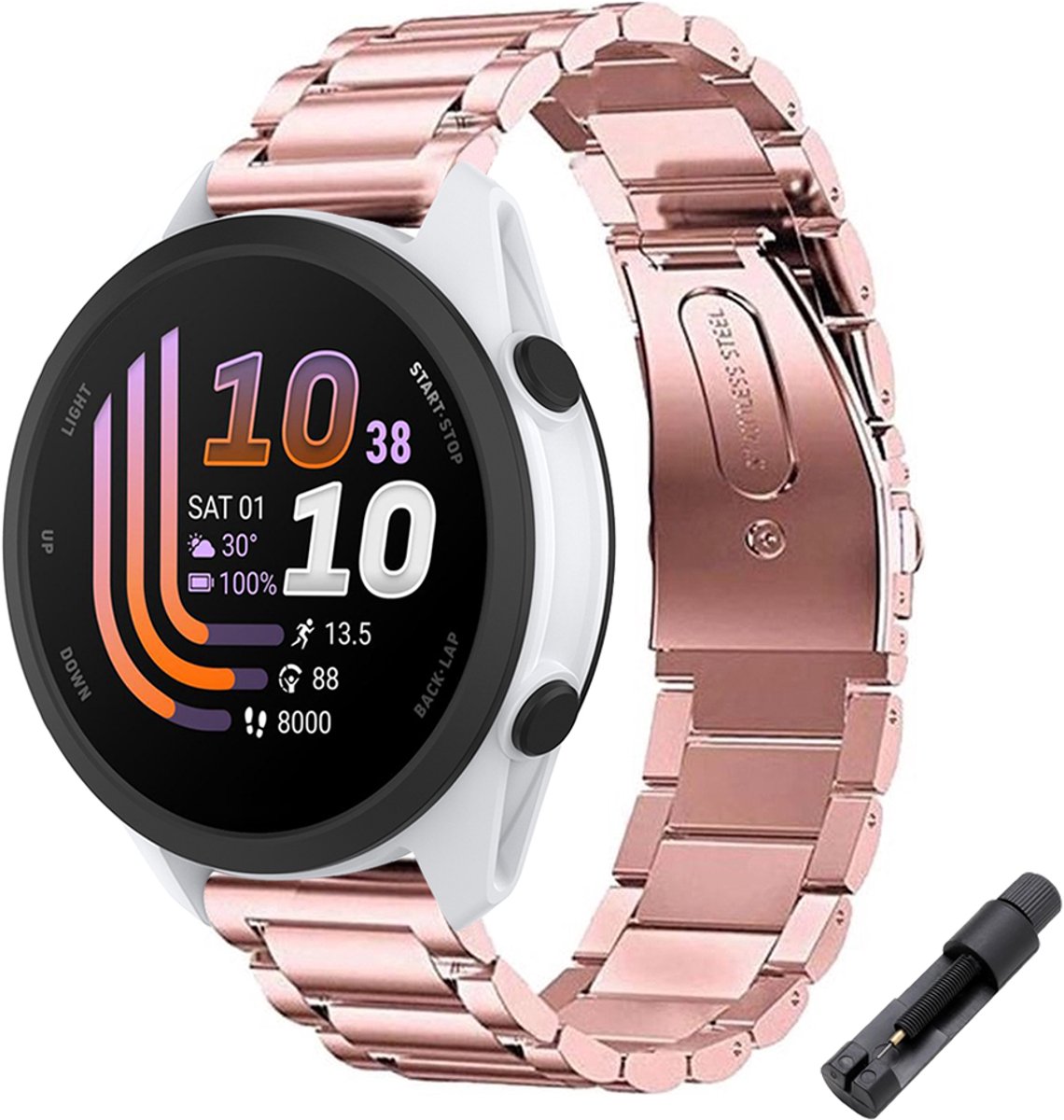 Stravo RVS Schakel bandje – Geschikt voor Garmin Forerunner 70 / 170 / 55 / 165 / 245, Vivoactive 6 / 5 / 3, Venu SQ 2 – Metalen Horlogebandje – Roze