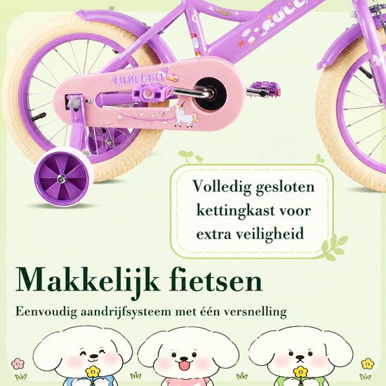 Vankel Meisjesfiets - Kinderfiets - 12/14/16 inch - Cadeau voor Meisjes - Met Poppenzitje, Mandje en Zijwieltjes - Paars van VANKEL — afbeelding 2
