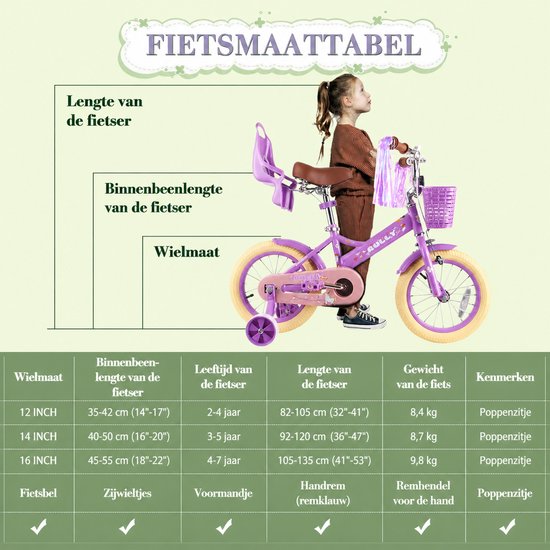 Vankel Meisjesfiets - Kinderfiets - 12/14/16 inch - Cadeau voor Meisjes - Met Poppenzitje, Mandje en Zijwieltjes - Paars van VANKEL — afbeelding 5
