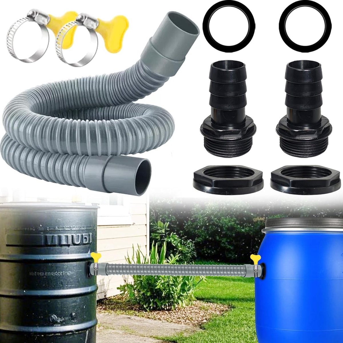 Regentonconnector - Zwart - 50 cm - Verbindingsset met Afdichtingen en Slangklemmen - Voor Regentonnen en Watertanks