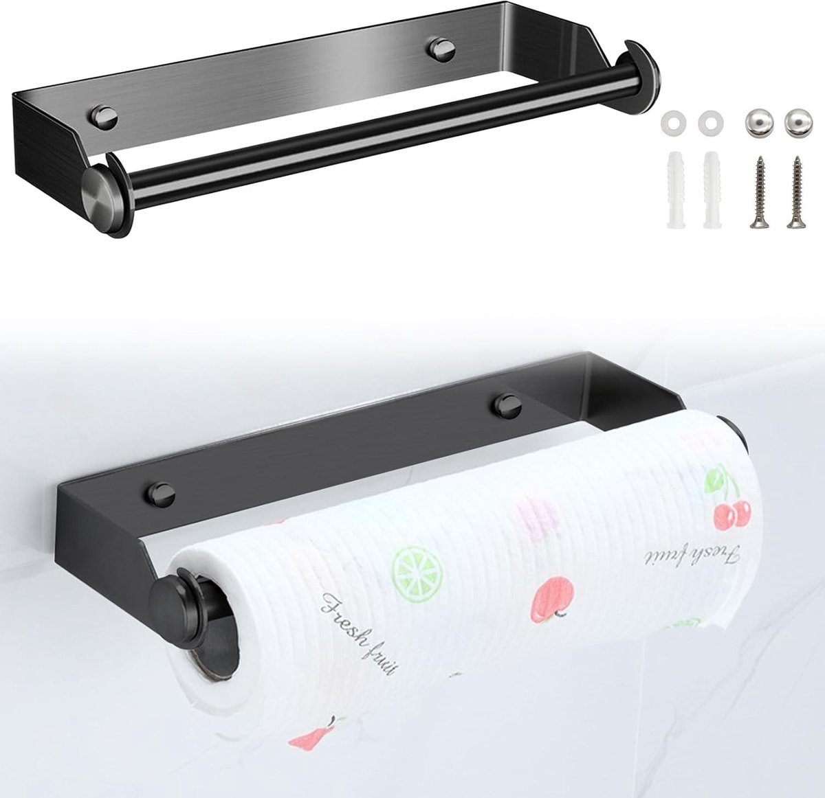 Keukenrolhouder - Zwart - 28 x 10.5 x 3.5 cm - Roestvrij Staal - Voor Keuken en Badkamer