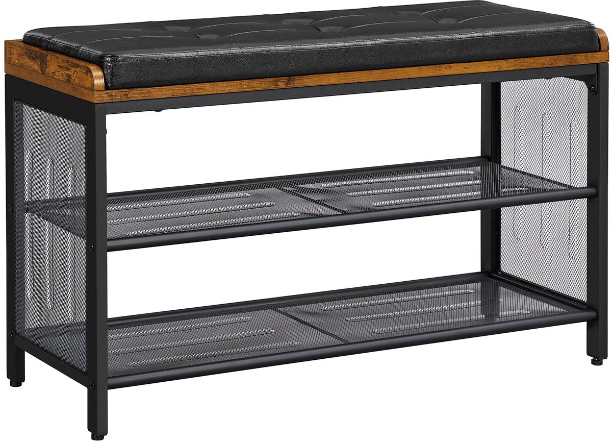 ITRONIQ Schoenenbank 80 x 30 x 48 cm - Schoenenrek Met Zitkussen - 2 Etages - Metaal en Kunstleer - Vintage Bruin Zwart