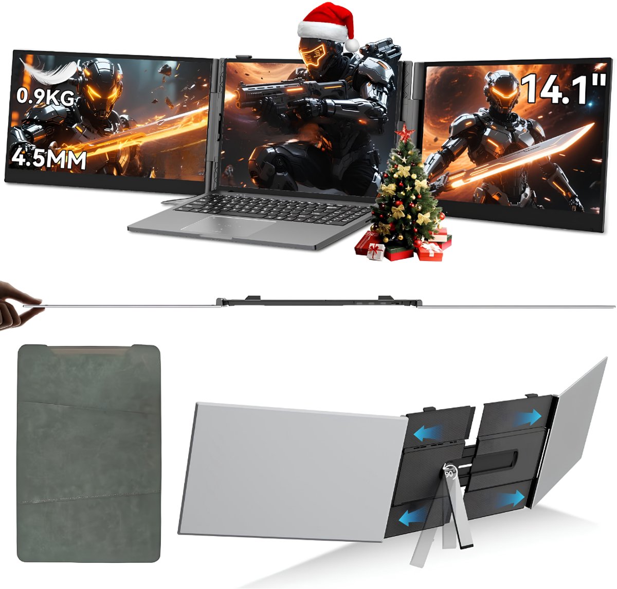 Lìon® Portable Monitor - Ultra-Fin Protection Oculair Scherm - 1080p Laptop Met Dubbel Scherm - Zilver/Grijze - 36cm x 100 cm x 26 cm