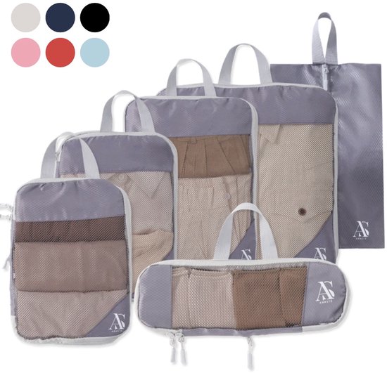Set van 6 grijze packing cubes met mesh-voorkant en AS logo. Twee kleurenbanden aan de voorkant.