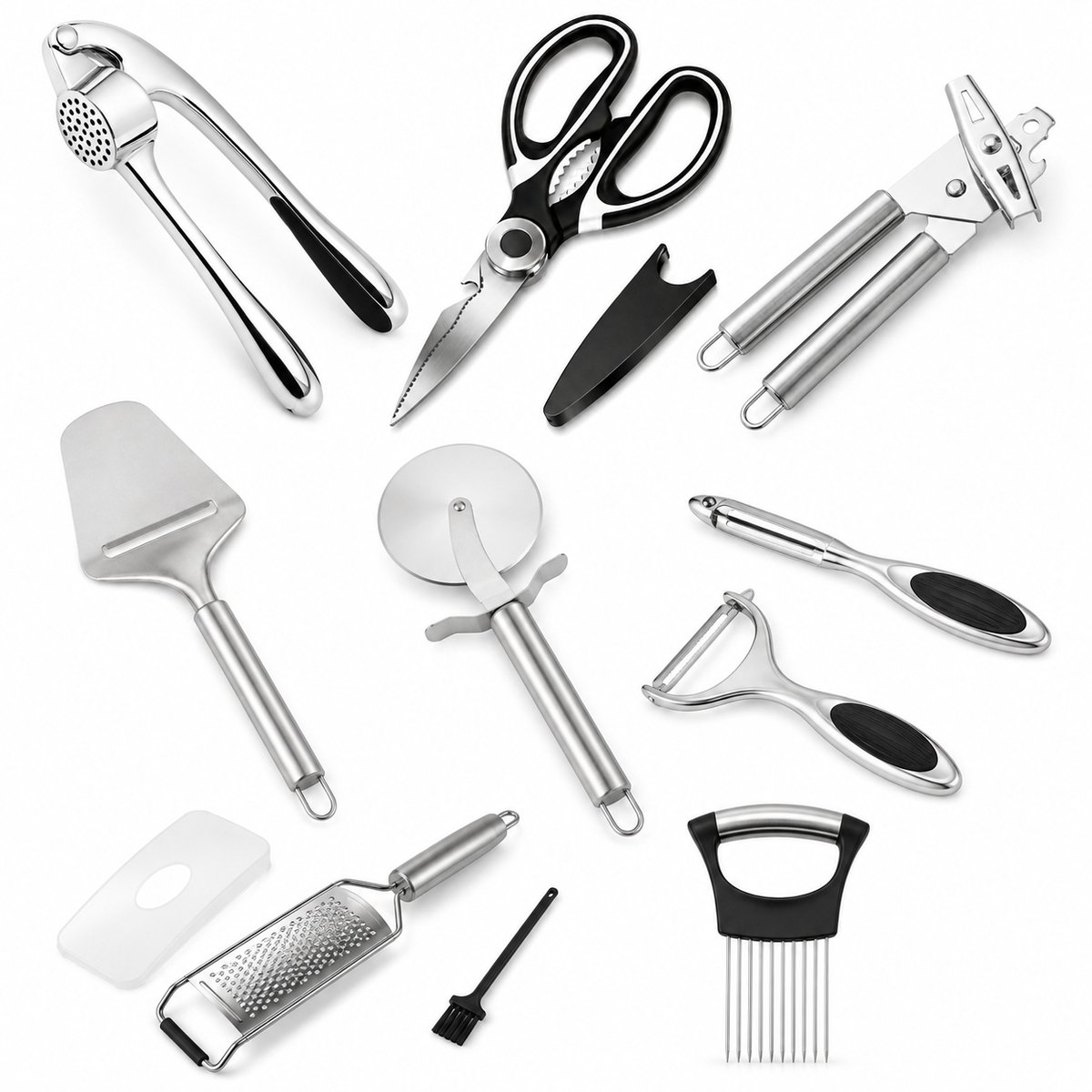My Green Deal - Keukengerei Set 9-delig - RVS Keukenhulpen met Knoflookpers, Keukenschaar, Blikopener, Kaasschaaf, Pizzasnijder, Dunschillers & Rasp