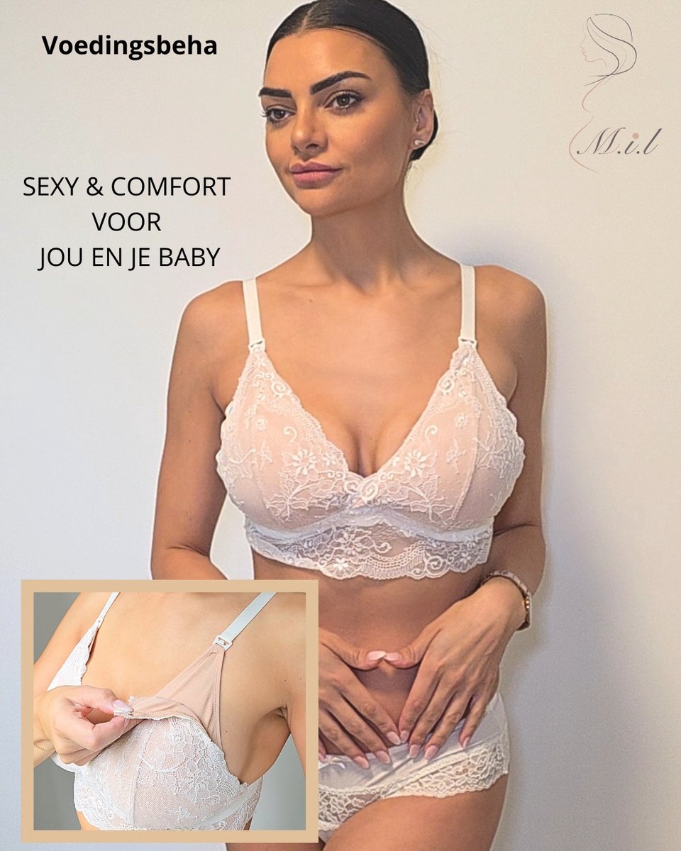 Mama I like (M.I.L) MIL voedingsbeha - Bralette - wit - nude - Mama I Like - kant - sexy - trendy - uniek - comfortabel - katoen - praktisch - clip openen - hip - modern - mooi - maat M/L = cupmaat C/D+