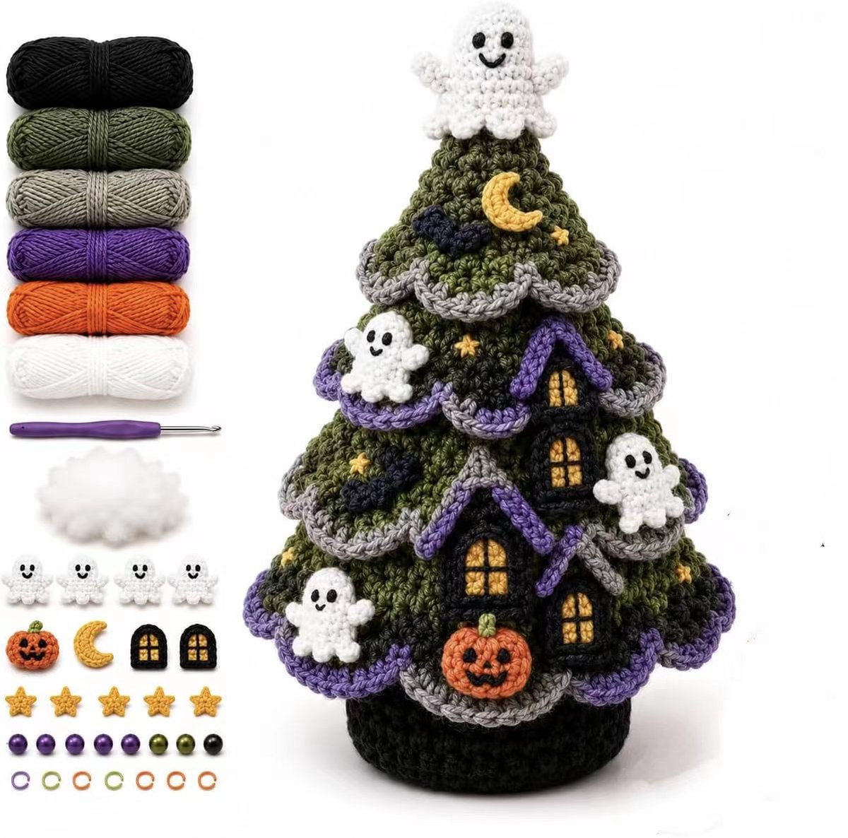 DIY-haakset voor een Halloween-boompje – Inclusief decoraties in de vorm van een spook, pompoen, heks en 'candy corn' – Speelse knutselset voor de herfst – Perfect als seizoensgebonden tafeldecoratie – Spookontwerp